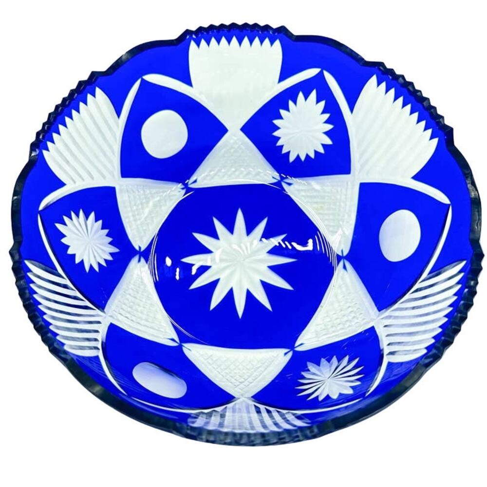 Cobalt Blue Crystal Cut to Clear Bowl with Scallop and Sawtooth Rim ~7.5" Diam